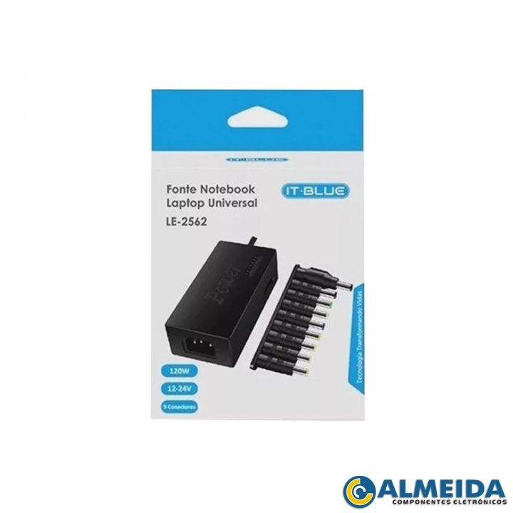 FONTE NOTEBOOK UNIVERSAL 120W 12-24V 9 CONECTORES LE-2562 IT-BLUE
