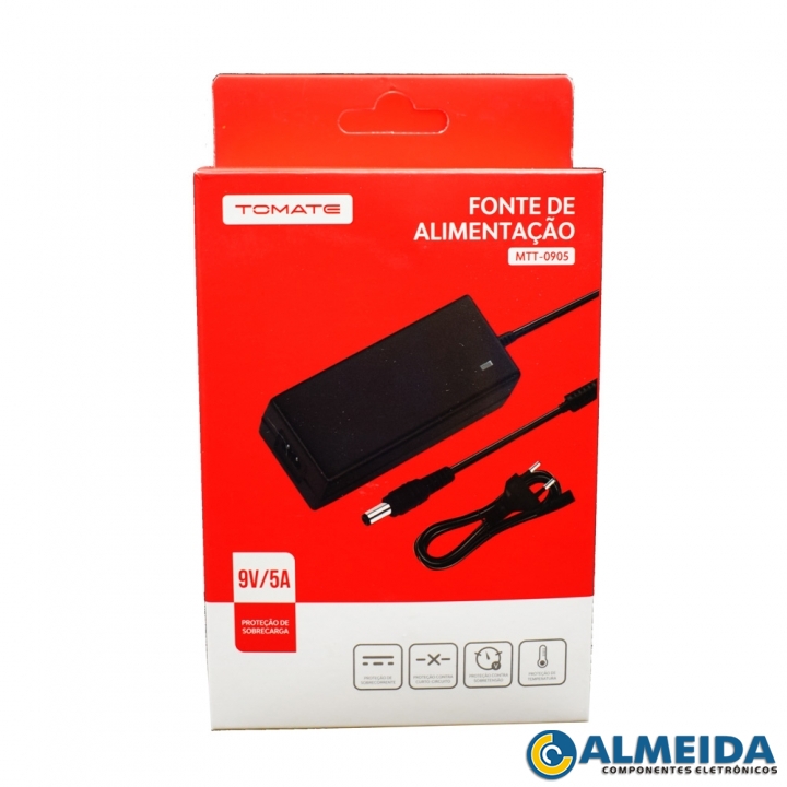 FONTE 9V 5A 5.5X2.1MM TIPO MESA MTT-0905 TOMATE