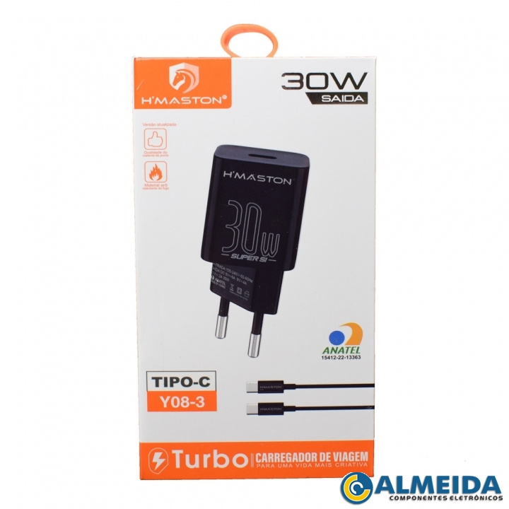 CARREGADOR USB-C 30W TURBO TIPO C 5V/9V/12V Y08-3 H-MASTON