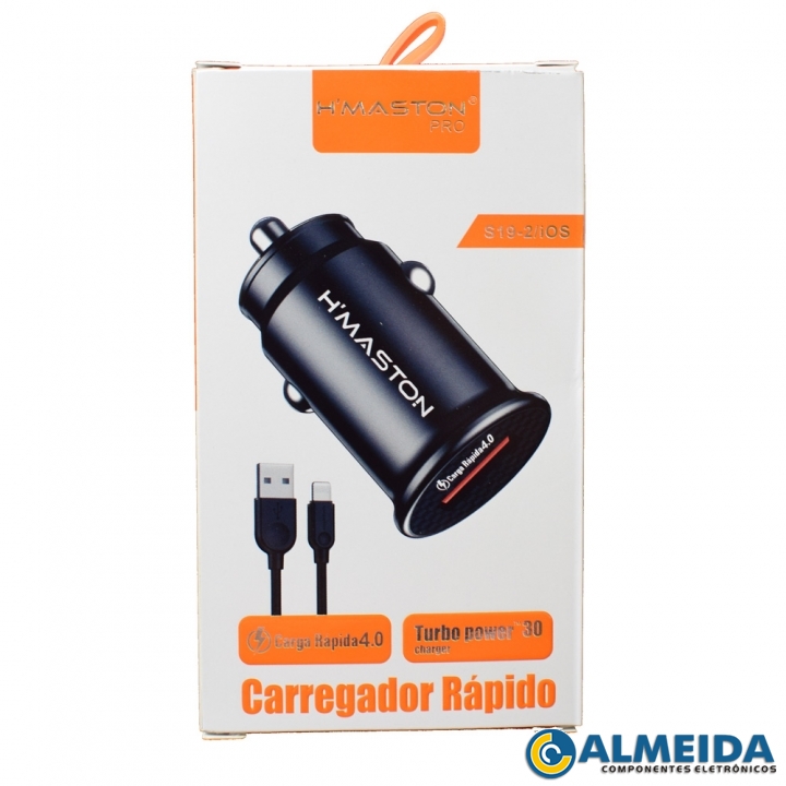 CARREGADOR VEICULAR USB 20W LIGHTNING 5V/9V/12V S19-2 H-MASTON