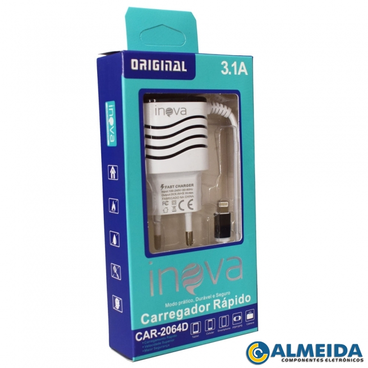 CARREGADOR USB RAPIDO DUPLO IPHONE/IPAD 3.1A CAR-2064D INOVA