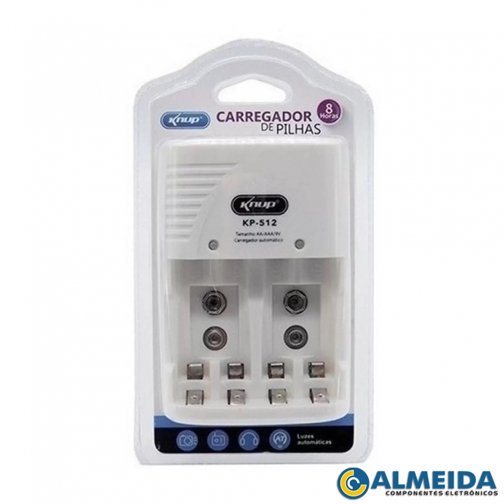 CARREGADOR DE PILHA AA/AAA/9V BIVOLT KNUP KP-512