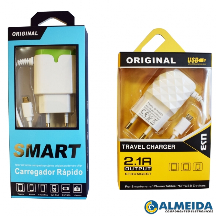 CARREGADOR USB RAPIDO DUPLO 2.1A MICRO USB/V8 SMART