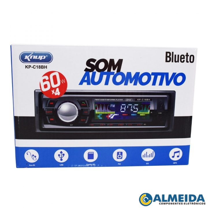 RADIO AUTOMOTIVO BLUETOOTH FM/TF/MP3/AUX/EQ/USB KP-C18BH KNUP