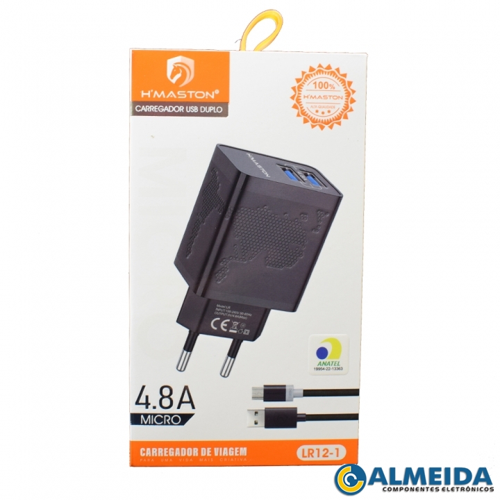 CARREGADOR USB RAPIDO DUPLO 4.8A MICRO USB/V8 LR12-1 H-MASTON
