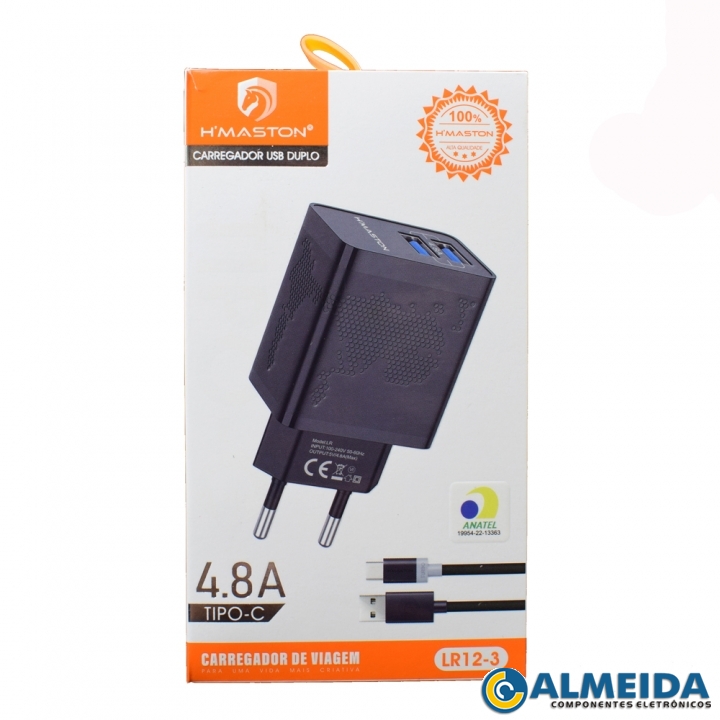 CARREGADOR USB RAPIDO DUPLO 4.8A TIPO C LR12-3 H-MASTON