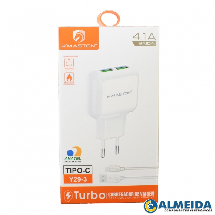 CARREGADOR USB RAPIDO DUPLO 4.1A TIPO C Y29-3 H-MASTON