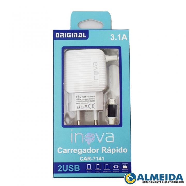 CARREGADOR USB RAPIDO DUPLO 3.1A MICRO USB/V8 CAR-7141 INOVA