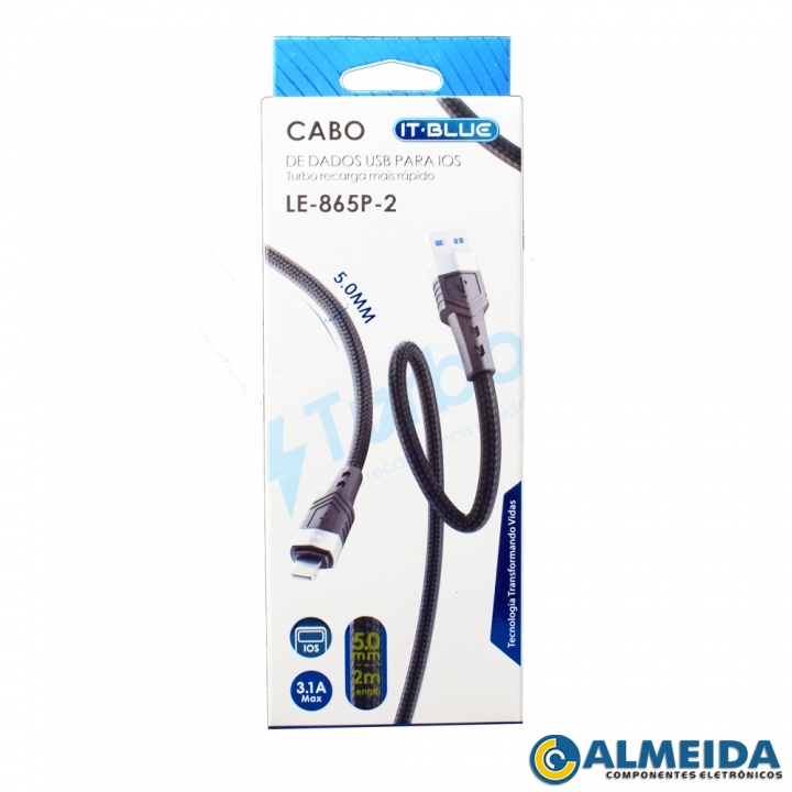 CABO USB LIGHTNING CARGA RAPIDA 3.1A 2 METROS LE-865P-2 IT-BLUE
