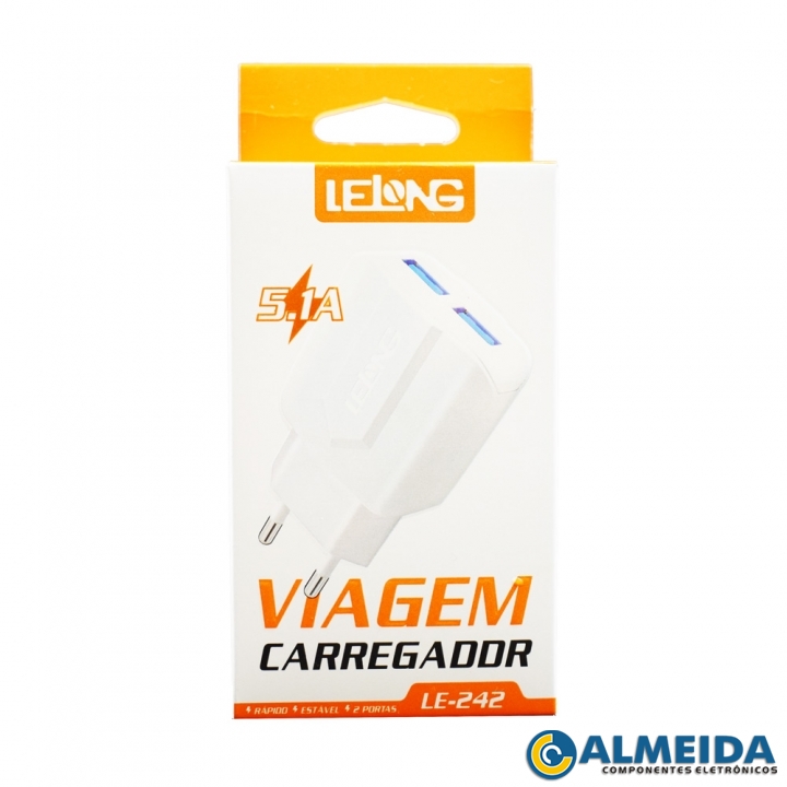 CARREGADOR USB RAPIDO DUPLO 5V 5.1A LE-242 LELONG