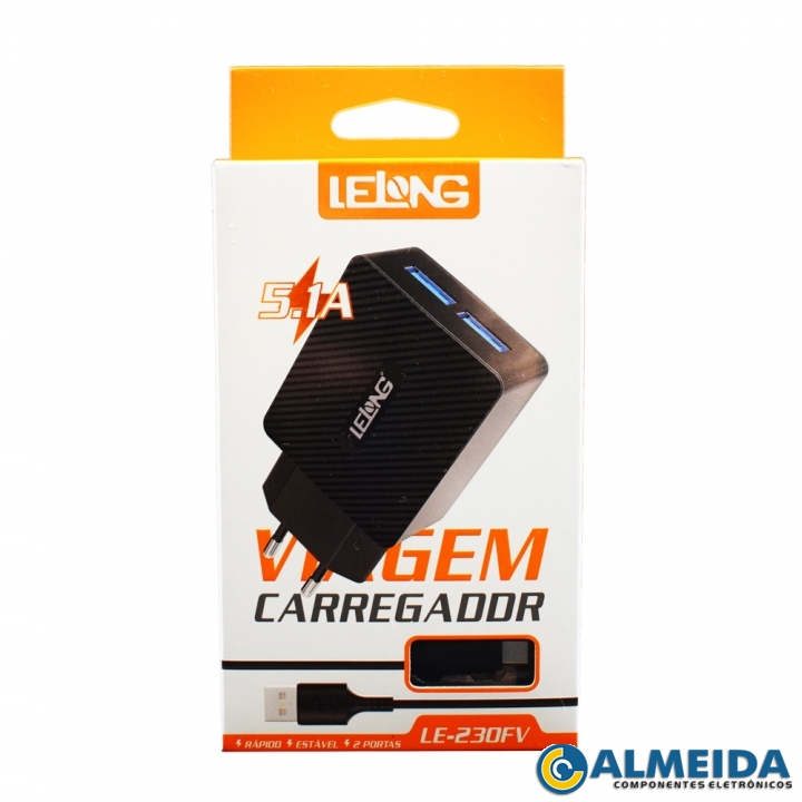 CARREGADOR USB RAPIDO DUPLO 5.1A MICRO USB/V8 LE-230FV LELONG