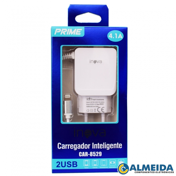 CARREGADOR USB RAPIDO DUPLO IPHONE/IPAD 4.1A CAR-8529 INOVA