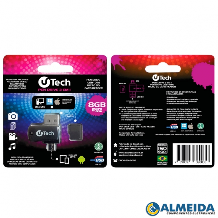 PEN DRIVE 8GB 3 EM 1 OTG/USB/SD U-TECH