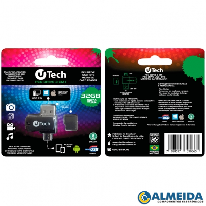 PEN DRIVE 32GB 3 EM 1 OTG/USB/SD U-TECH