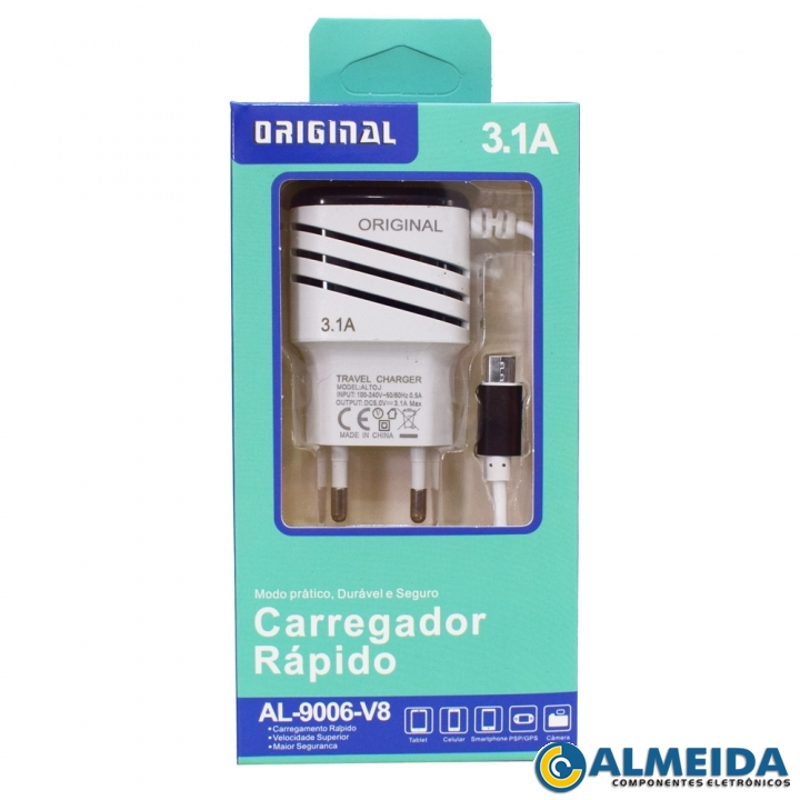 CARREGADOR USB RAPIDO DUPLO MICRO USB/V8 3.1A AL-9006-V8 ALTOMEX