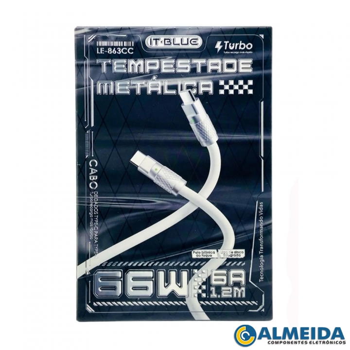 CABO USB TIPO C PARA TIPO C TURBO 66W 6A 1,2 MTS LE-863CC IT-BLUE