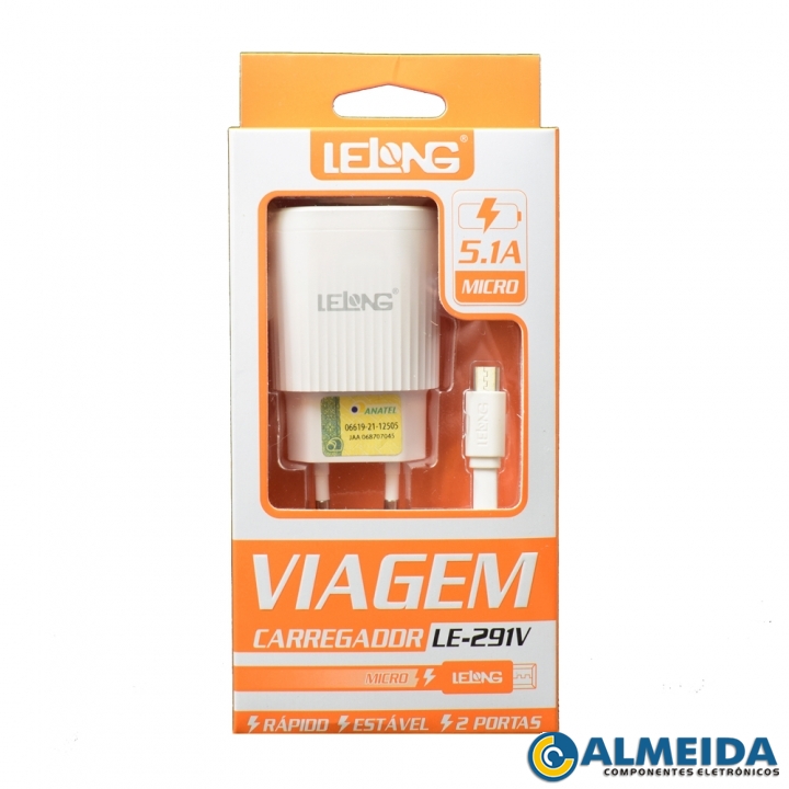 CARREGADOR USB RAPIDO DUPLO MICRO USB/V8 5.1A LE-291V LELONG