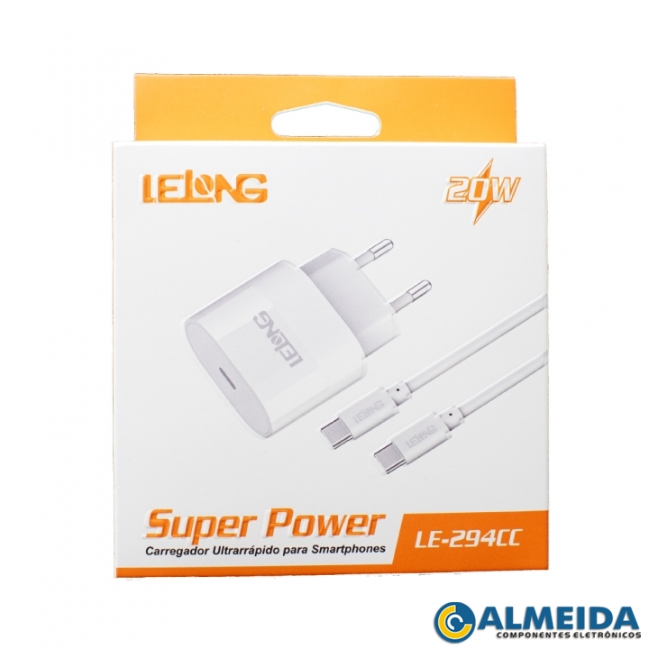 CARREGADOR USB-C 20W 5V/9V/12V + CABO TIPO C LE-294CC LELONG