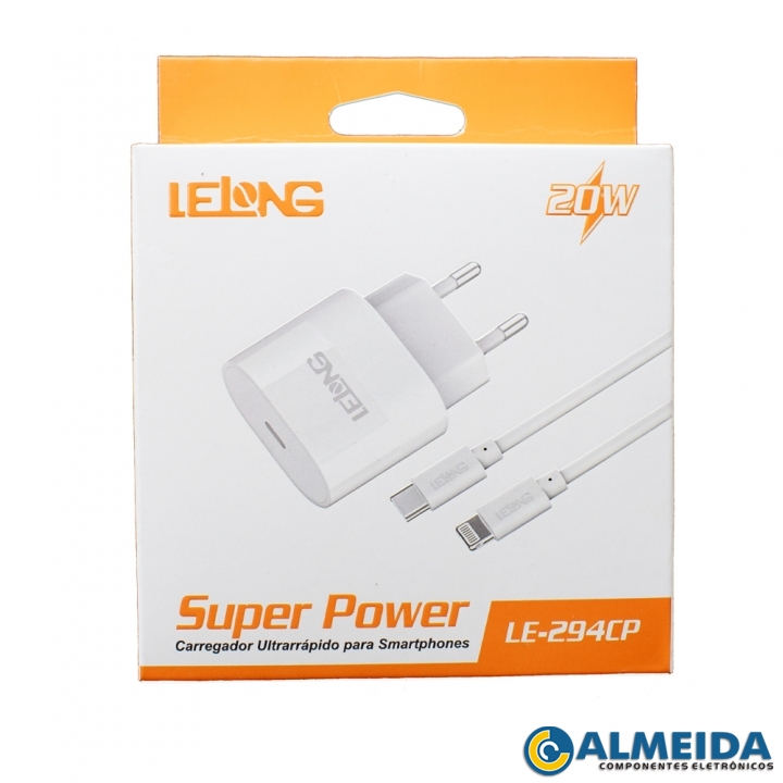 CARREGADOR USB-C 20W 5V/9V/12V + CABO LIGHTNING LE-294CP LELONG
