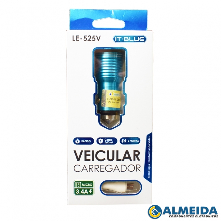 CARREGADOR VEICULAR RAPIDO DUPLO 3.4A + CABO MICRO USB LE-525V