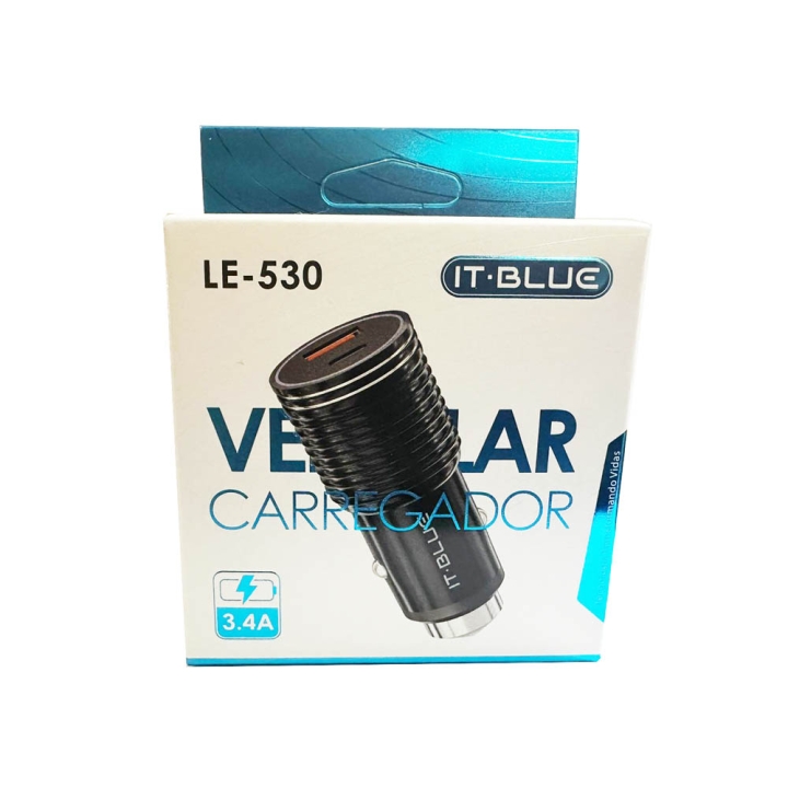 CARREGADOR VEICULAR RAPIDO USB + USB-C 3.4A METAL LE-530 IT-BLUE