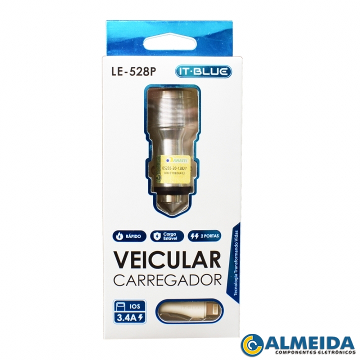 CARREGADOR VEICULAR RAPIDO DUPLO 3.4A + CABO LIGHTNING LE-528P