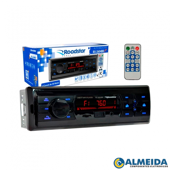 RADIO AUTOMOTIVO FM/USB/BLUETOOTH C/ CONTROLE RS2604BR ROADSTAR