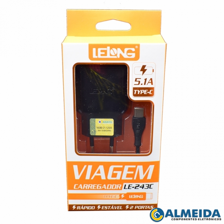 CARREGADOR USB RAPIDO DUPLO 5.1A TIPO C LE-243C LELONG