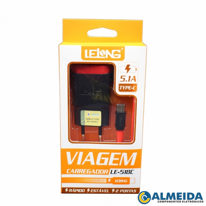 CARREGADOR USB RAPIDO DUPLO 5.1A TIPO C LE-518C LELONG