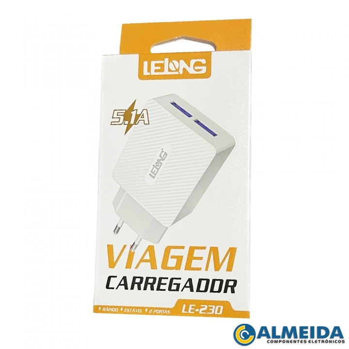 CARREGADOR USB RAPIDO DUPLO 5V 5.1A LE-230 LELONG