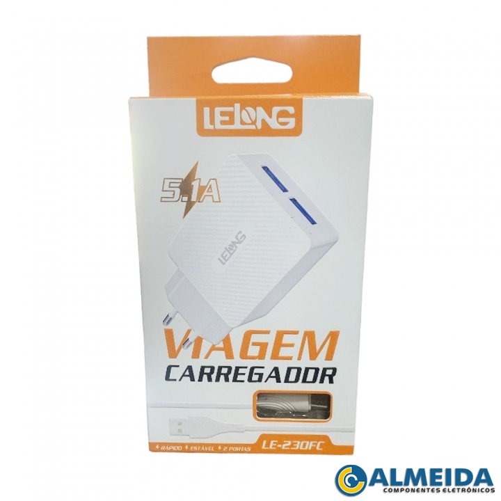 CARREGADOR USB RAPIDO DUPLO 5.1A TIPO C LE-230FC LELONG