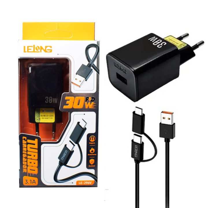 CARREGADOR USB RAPIDO 2 EM 1 30W TIPO C/MICRO USB LE-296V LELONG