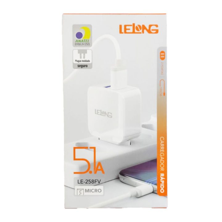 CARREGADOR USB RAPIDO DUPLO 5.1A MICRO USB/V8 LE-258FV LELONG