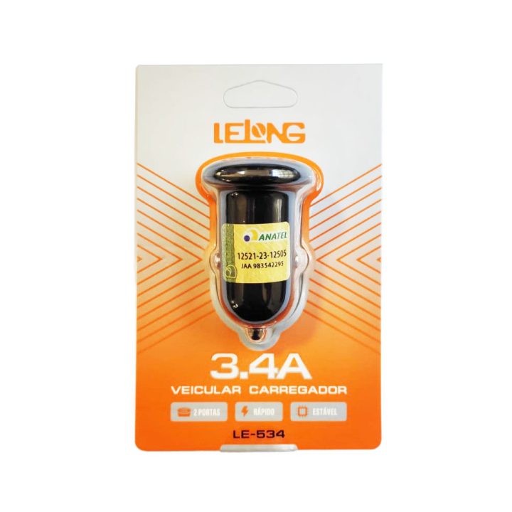 CARREGADOR VEICULAR RAPIDO USB DUPLO 3.4A LE-534 LELONG