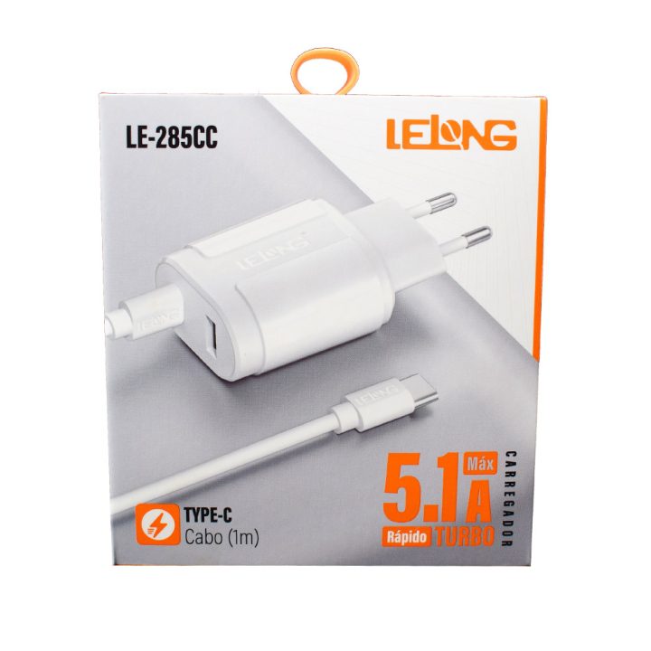 CARREGADOR USB RAPIDO 5.1A + USB-C E CABO TIPO C LE-285CC LELONG
