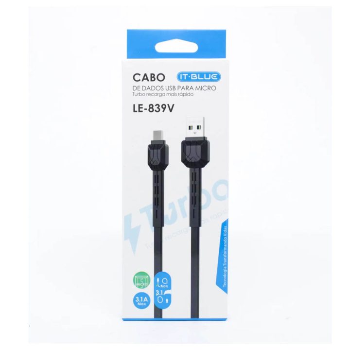 CABO USB MICRO USB V8 CARGA RAPIDA 3.1A 1MT LE-839V IT-BLUE